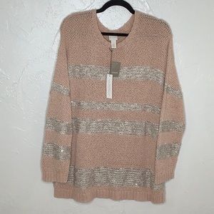 Chico’s 3 Sparkle stripes Marley pull over sweater 3/4 SLV Paris pink SZ XL NWT